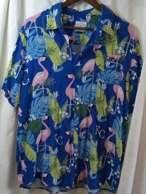 MLB Genuine KC Royals Blue Flamingo Tropical Hawaiian Shirt Button Large Luau